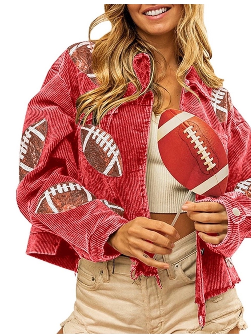 Red Corduroy Jacket with Football Appliqués